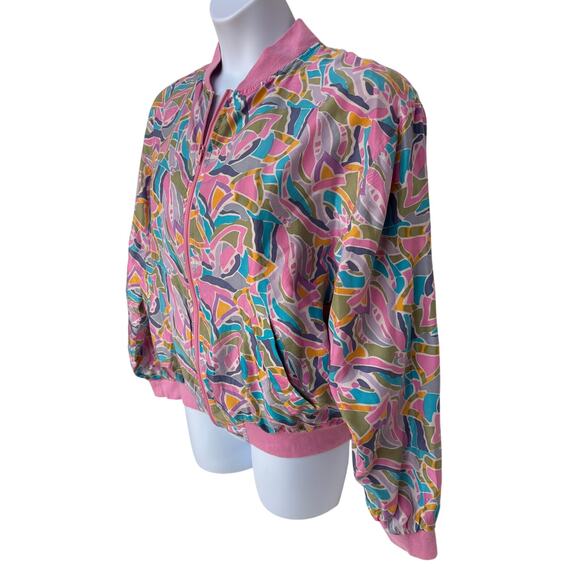 Silktime Vintage Colorful 80's Abstract Print Silk Bomber Jacket  size M - Picture 6 of 13